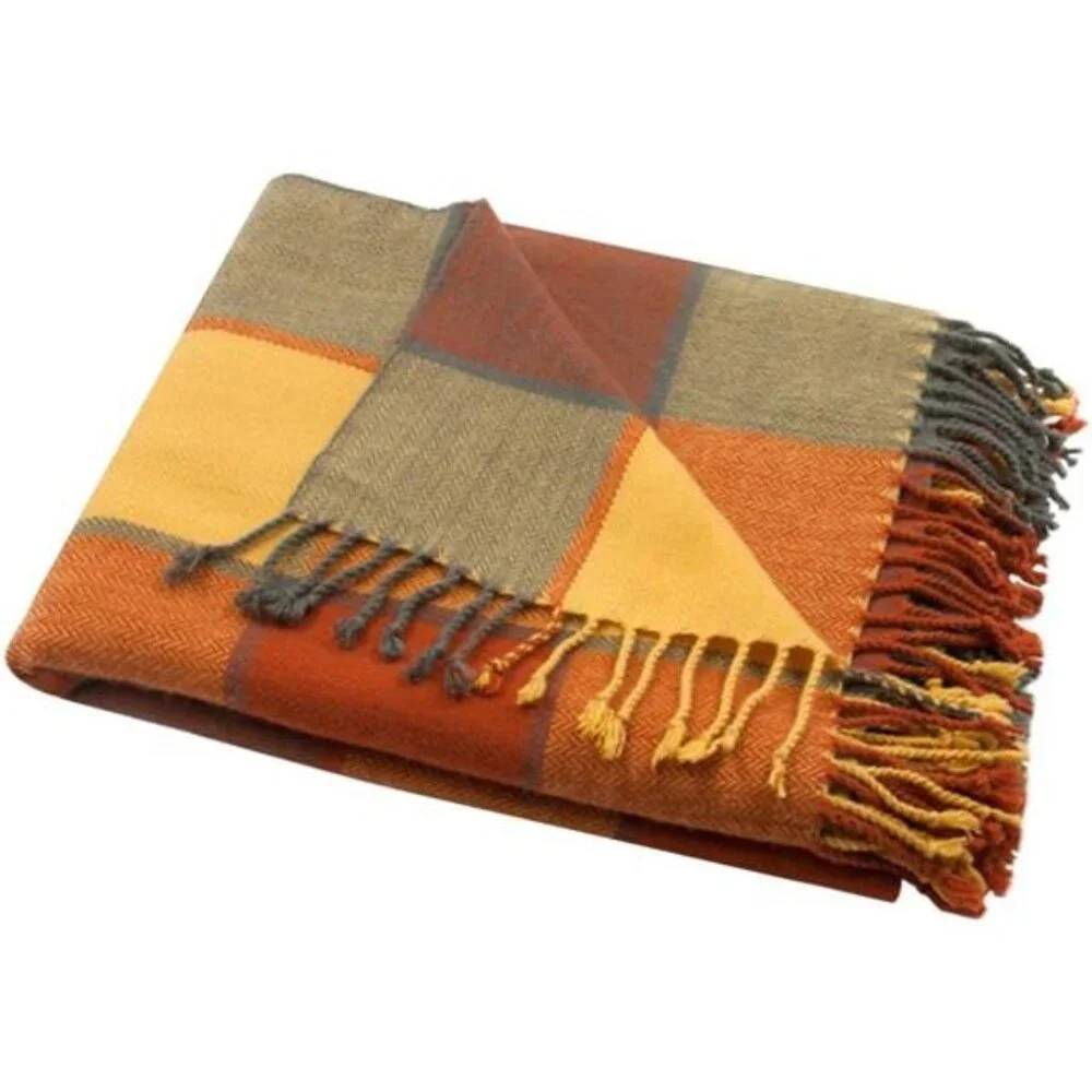 Classic Home Throw Blanket -Reversible Acrylic, Cozy Plaid Fringe, 50x67, Pumpkn